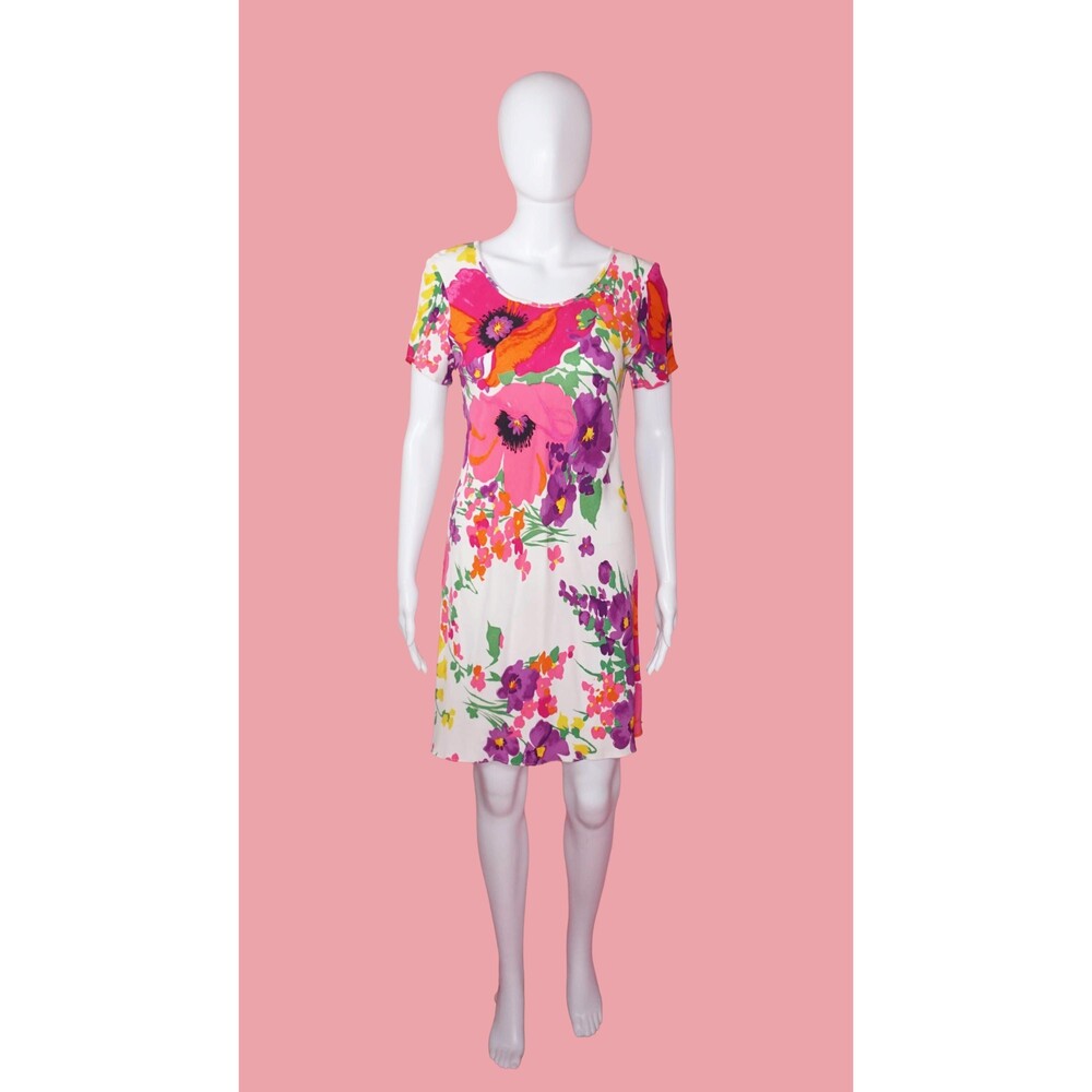 1990s BETSEY JOHNSON Colorful Watercolor FLORAL Short Sleeve Mini Dress. . S-M